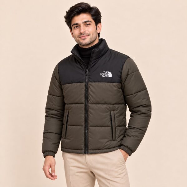 Olive Puffer Jacket with model front