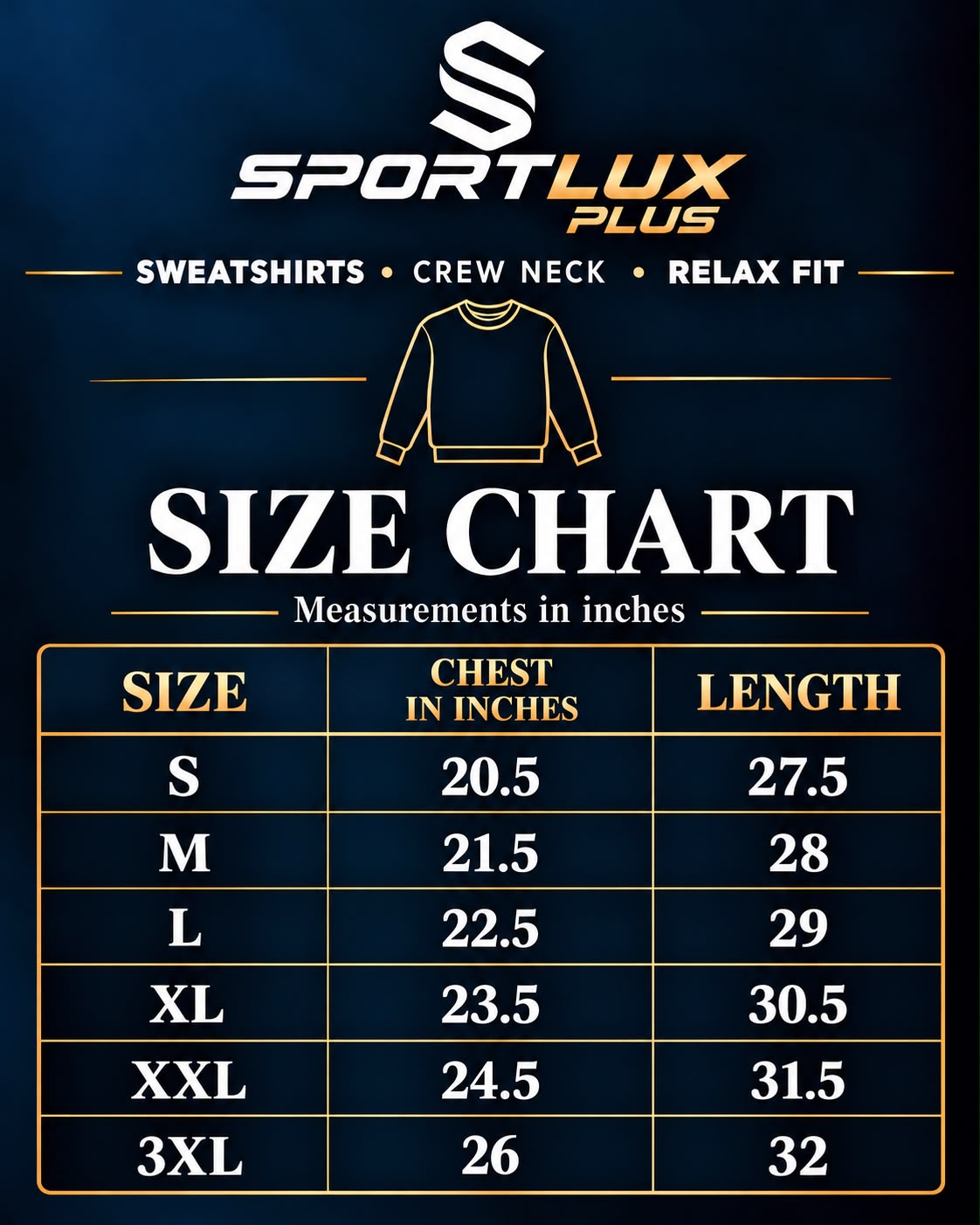 Size chart - Sportlux Plus 350 GSM Fleece Crewneck Sweatshirt, Relaxed Fit, Maroon - Global Hub Pakistan