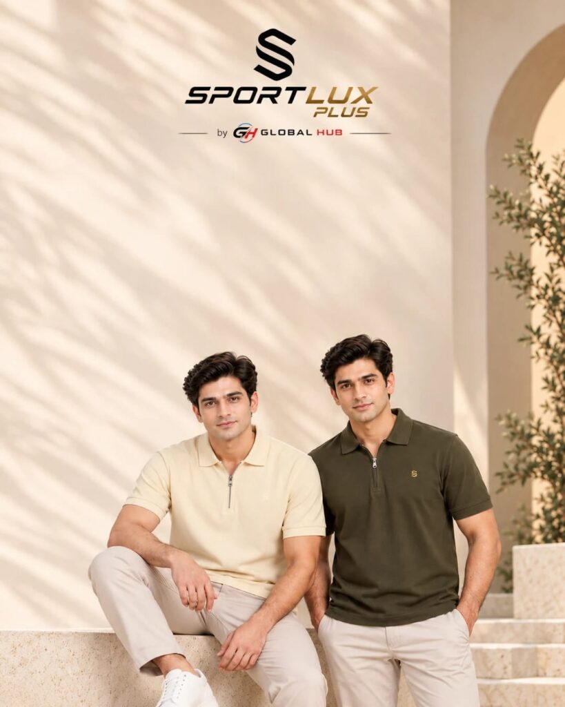 Sportlux Plus by Global Hub quarter-zip piqué polos in cream and olive, worn by two men