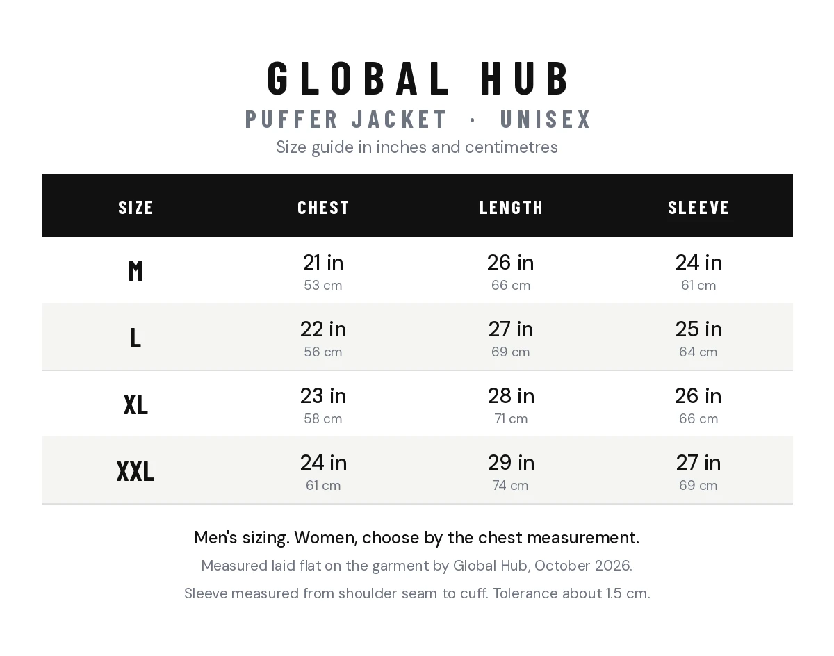 Size chart - Black Puffer Jacket for Men and Women, Stand Collar - Global Hub Pakistan