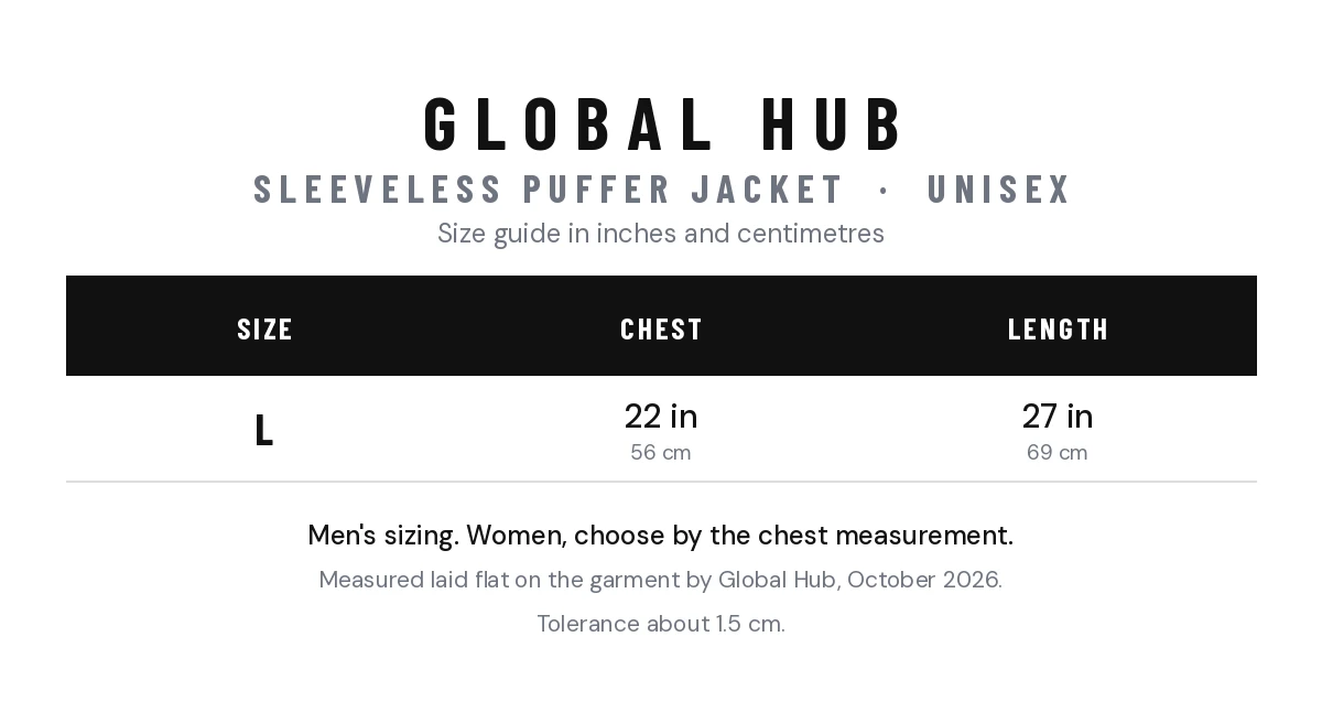 Size chart - White Sleeveless Puffer Jacket for Men and Women - Global Hub Pakistan
