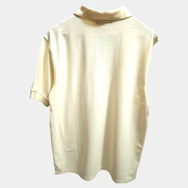 Sportlux Plus beige quarter zip polo photographed on a hanger, back view showing the real fabric, ribbed sleeve bands and side vents