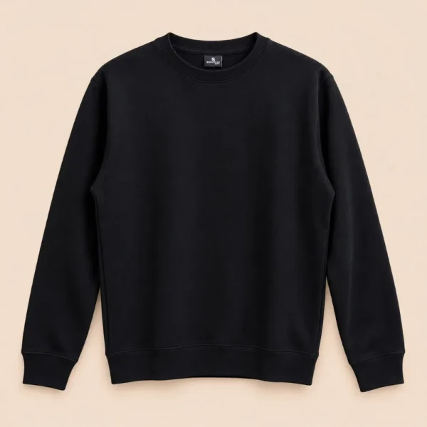 Sportlux Plus black crewneck sweatshirt, plain front, fine-knit rib collar, cuffs and waistband, flat lay on a light background