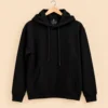Sportlux Plus black 350 GSM fleece hoodie on a hanger, drawcord hood, kangaroo pocket, tonal embroidered S monogram