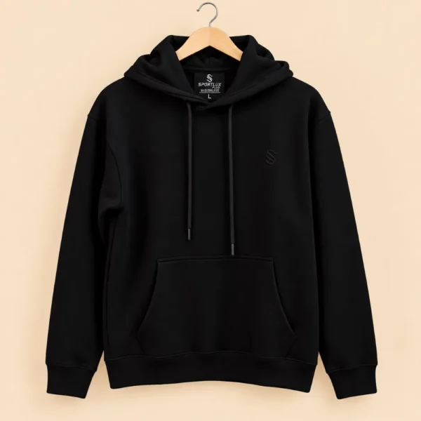 Sportlux Plus black 350 GSM fleece hoodie on a hanger, drawcord hood, kangaroo pocket, tonal embroidered S monogram
