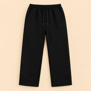 Sportlux Plus black 350 GSM fleece trousers, straight leg, elastic drawcord waistband, side pockets and tonal embroidered S monogram, flat lay