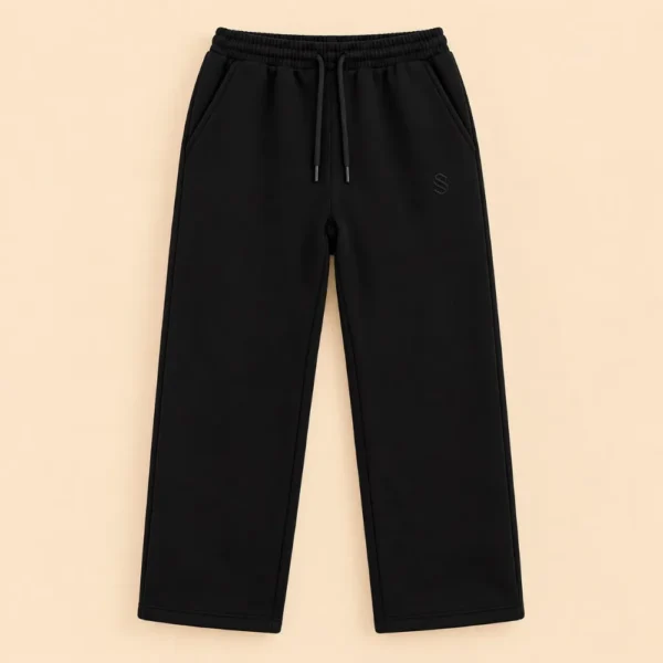 Sportlux Plus black 350 GSM fleece trousers, straight leg, elastic drawcord waistband, side pockets and tonal embroidered S monogram, flat lay
