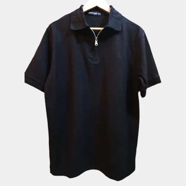 Sportlux Plus black quarter zip polo photographed on a hanger, front view showing the real fabric, tonal black embroidered S and SPORTLUX PLUS neck label