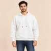 Man wearing the Sportlux Plus cream 350 GSM fleece hoodie with tonal embroidered S monogram, relaxed fit, kangaroo pocket, front view