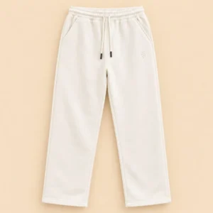 Sportlux Plus cream 350 GSM fleece trousers, straight leg, elastic drawcord waistband, side pockets and tonal embroidered S monogram, flat lay