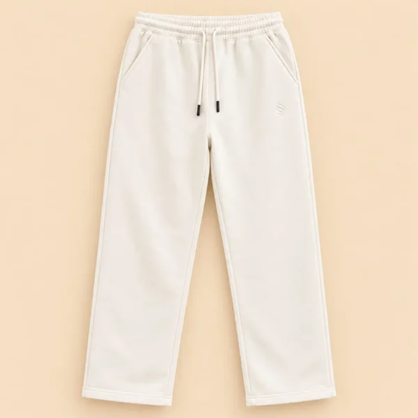 Sportlux Plus cream 350 GSM fleece trousers, straight leg, elastic drawcord waistband, side pockets and tonal embroidered S monogram, flat lay