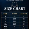 Sportlux Plus crewneck sweatshirt size chart, chest and length in inches for sizes S to 3XL