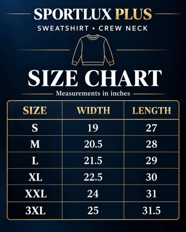 Sportlux Plus crewneck sweatshirt size chart, chest and length in inches for sizes S to 3XL