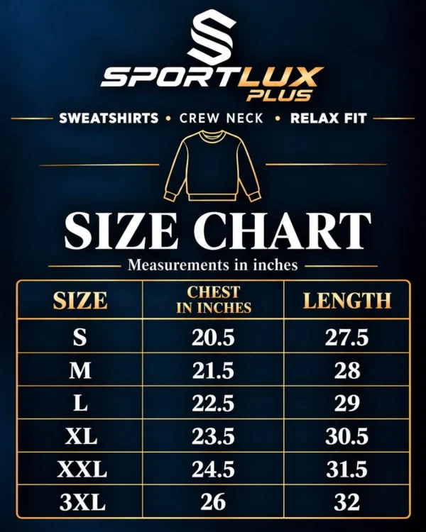 Sportlux Plus relaxed fit crewneck sweatshirt size chart, chest and length in inches for sizes S to 3XL