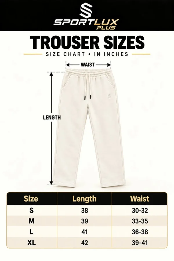 Sportlux Plus fleece trousers size chart, length and waist in inches for sizes S to XL