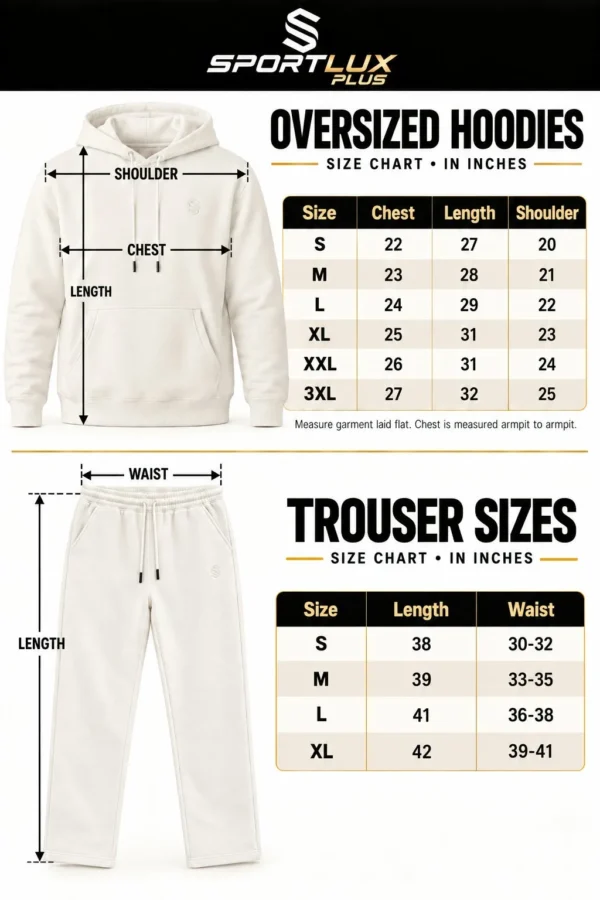 Sportlux Plus hoodie co-ord set size chart, hoodie chest, length and shoulder and trouser length and waist in inches