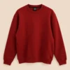 Sportlux Plus maroon crewneck sweatshirt, plain deep red front, fine-knit rib collar, cuffs and waistband, flat lay on a light background