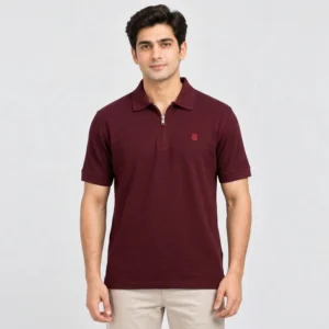 Sportlux Plus maroon quarter zip polo front Man wearing a Sportlux Plus maroon quarter zip polo in fine cotton pique, front view, silver metal zip and red embroidered S on the left chest