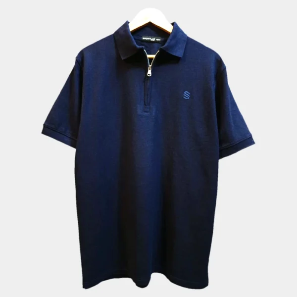 Sportlux Plus navy quarter zip polo photographed on a hanger, front view showing the real fabric, blue embroidered S and SPORTLUX PLUS neck label
