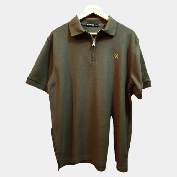 Sportlux Plus olive quarter zip polo photographed on a hanger, front view showing the real fabric, gold embroidered S and SPORTLUX PLUS neck label