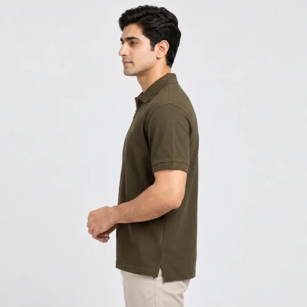 Side view of the Sportlux Plus olive quarter zip polo showing the regular fit, sleeve length and open side vent at the hem