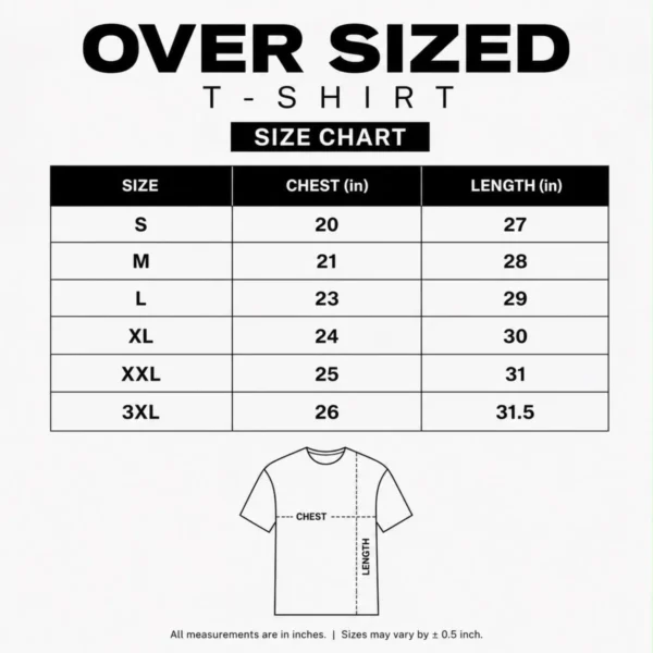 Sportlux Plus oversized full sleeve t-shirt size chart, chest and length in inches for sizes S to 3XL
