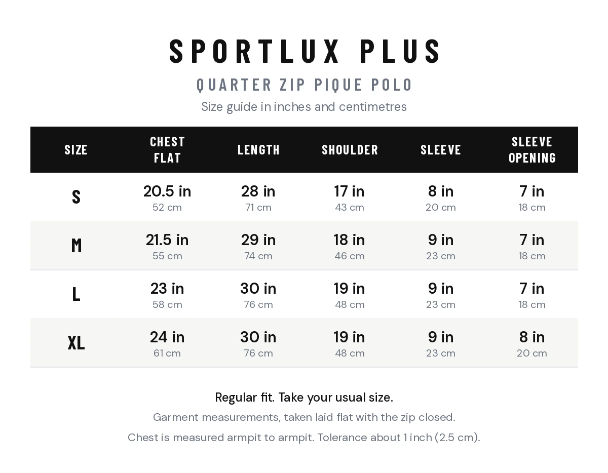 Size chart - Sportlux Plus Regular Fit Quarter Zip Pique Polo, Navy - Global Hub Pakistan