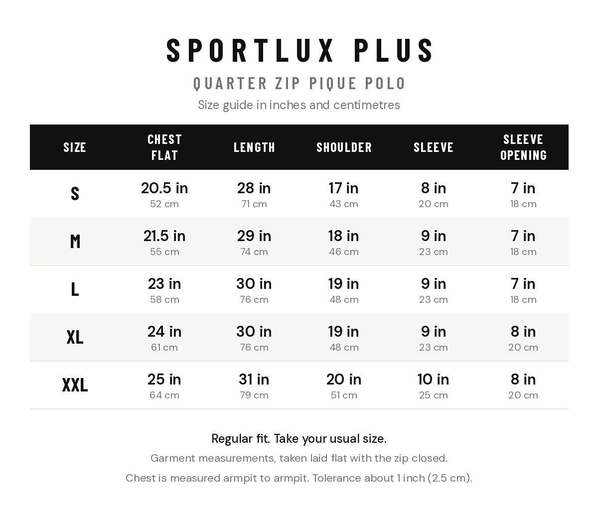 Size chart - Sportlux Plus Regular Fit Quarter Zip Pique Polo, Maroon - Global Hub Pakistan