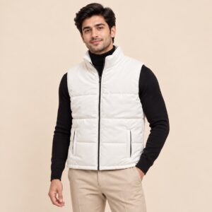 white sleeveless puffer jacket with model white sleeveless puffer jacket with model