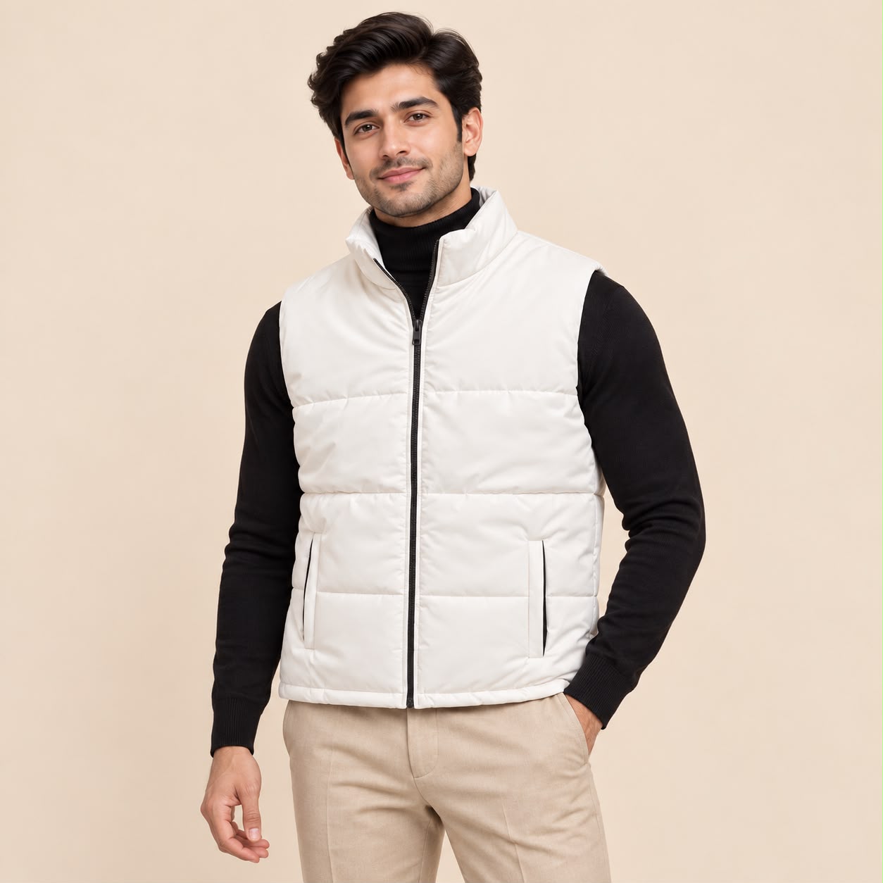 white sleeveless puffer jacket with model